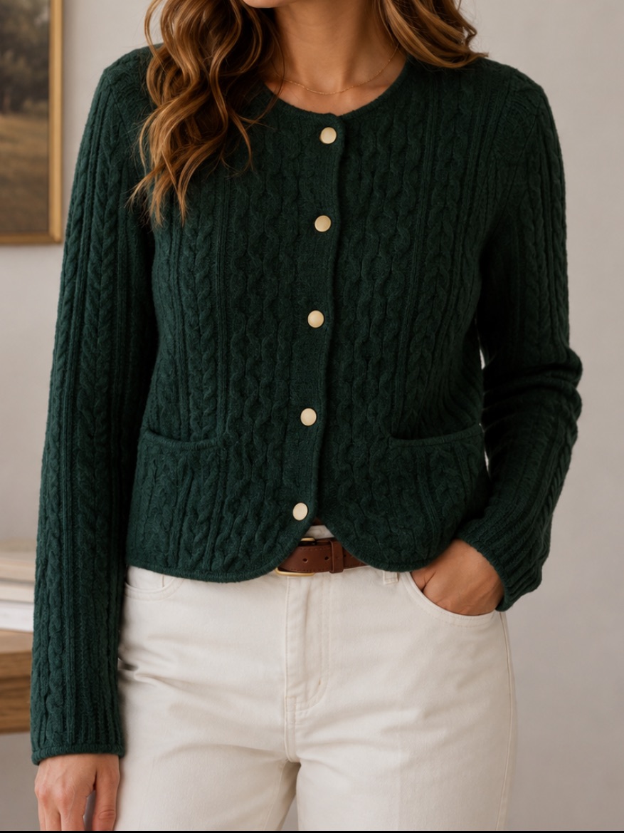 Abercrombie & Fitch Cable Knit Crewneck Button-Up Cardigan Sweater Green